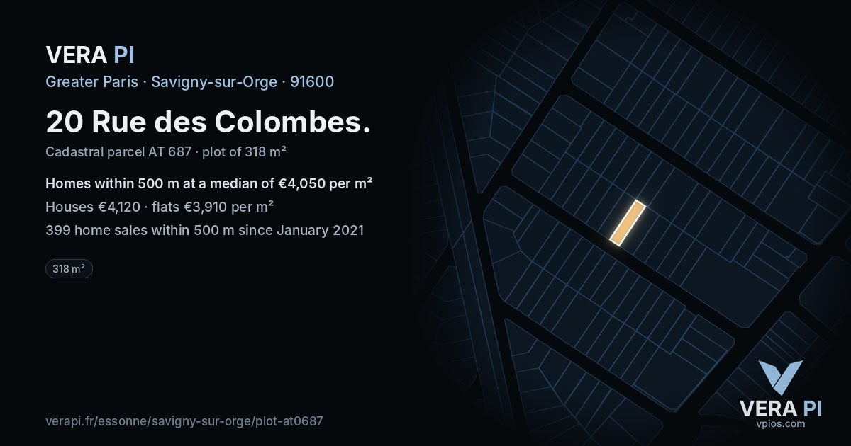 20 Rue des Colombes, Savigny-sur-Orge at night – the plot lit, the parcels around coloured by the prices near them