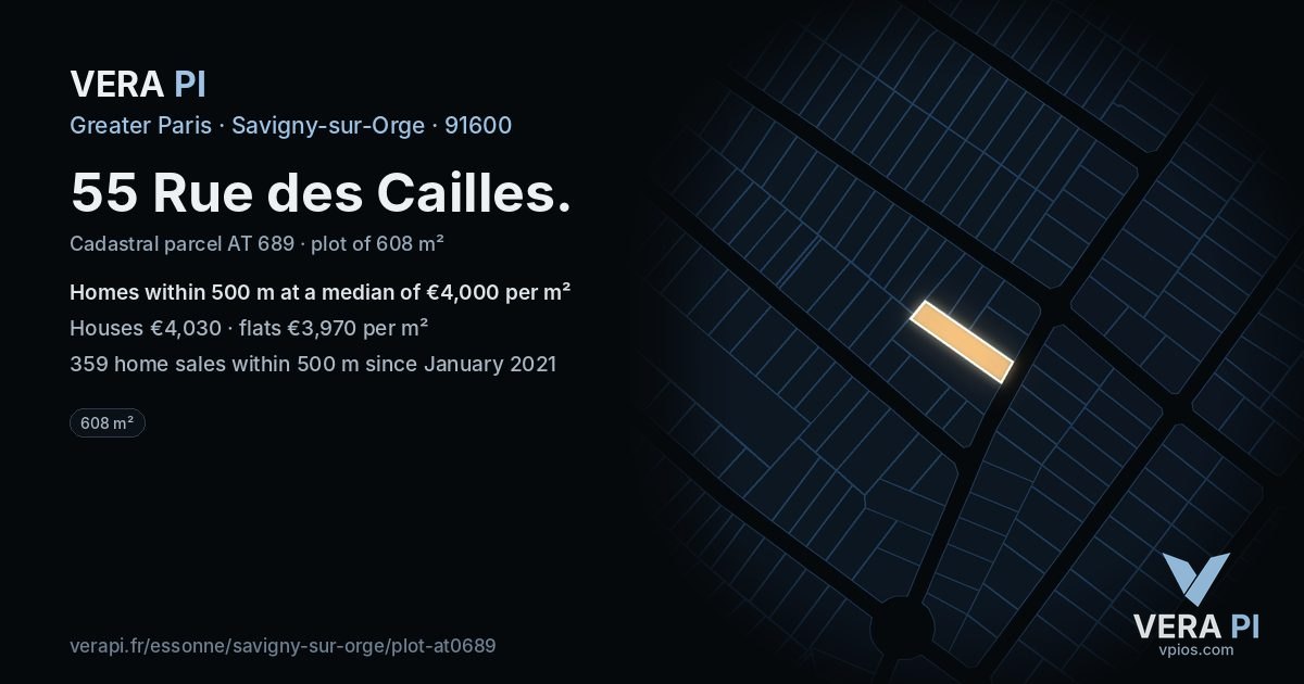 55 Rue des Cailles, Savigny-sur-Orge at night – the plot lit, the parcels around coloured by the prices near them