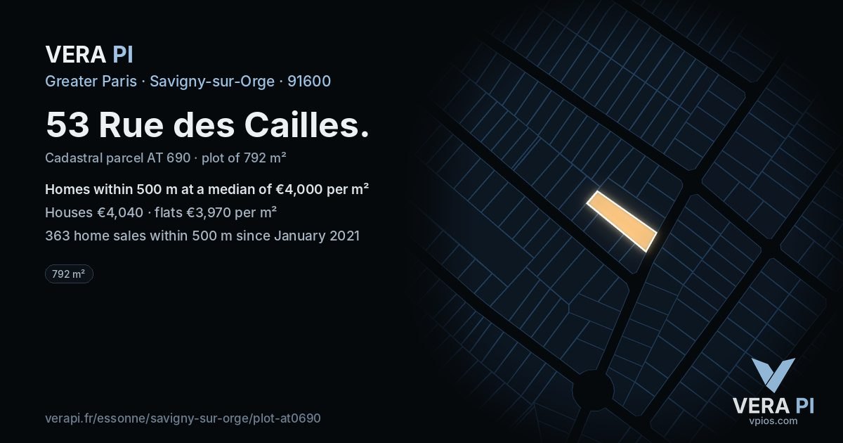 53 Rue des Cailles, Savigny-sur-Orge at night – the plot lit, the parcels around coloured by the prices near them