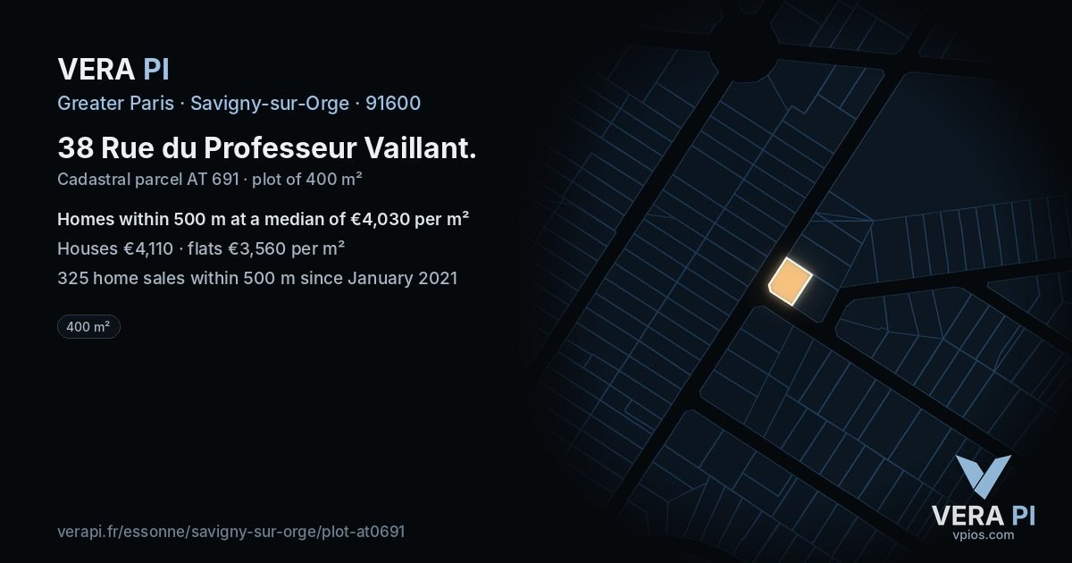38 Rue du Professeur Vaillant, Savigny-sur-Orge at night – the plot lit, the parcels around coloured by the prices near them