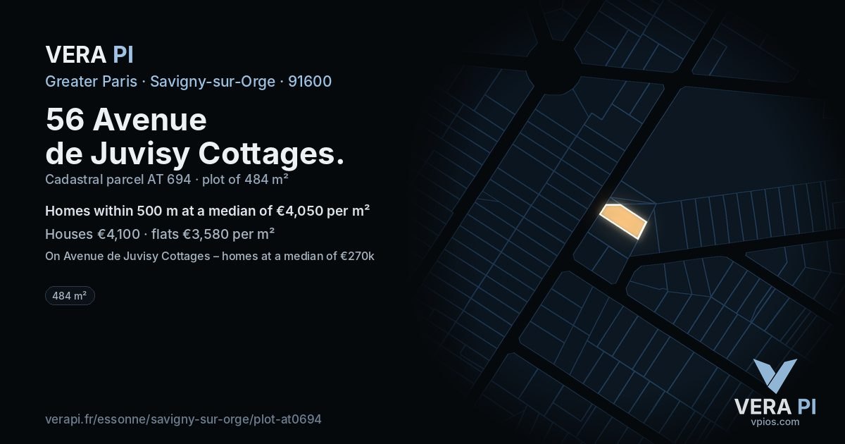 56 Avenue de Juvisy Cottages, Savigny-sur-Orge at night – the plot lit, the parcels around coloured by the prices near them