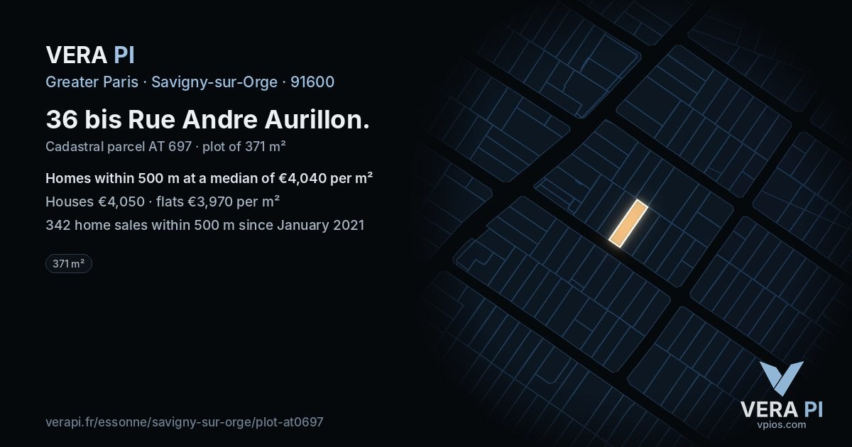 36 bis Rue Andre Aurillon, Savigny-sur-Orge at night – the plot lit, the parcels around coloured by the prices near them