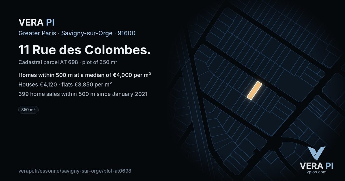 11 Rue des Colombes, Savigny-sur-Orge at night – the plot lit, the parcels around coloured by the prices near them