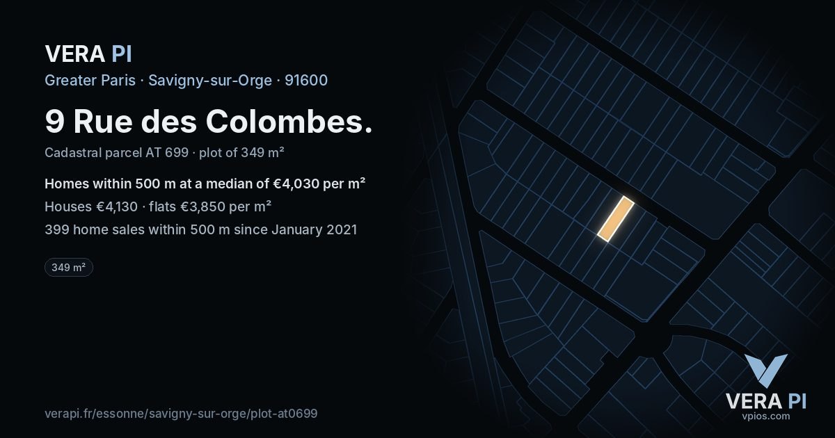9 Rue des Colombes, Savigny-sur-Orge at night – the plot lit, the parcels around coloured by the prices near them