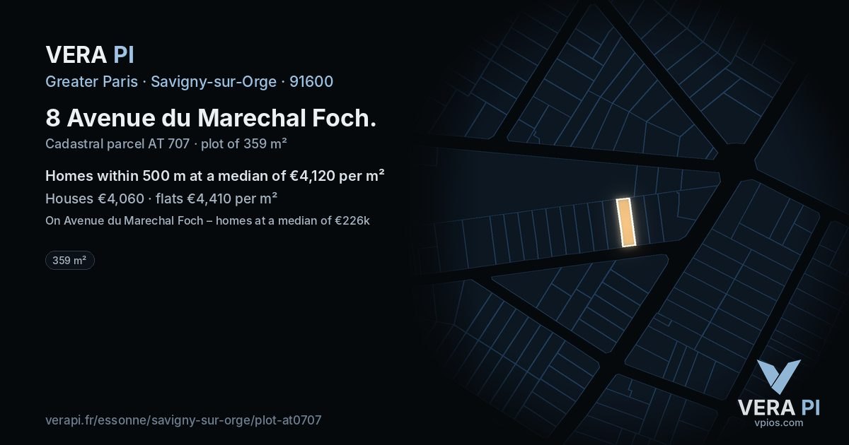 8 Avenue du Marechal Foch, Savigny-sur-Orge at night – the plot lit, the parcels around coloured by the prices near them