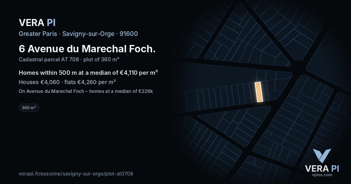 6 Avenue du Marechal Foch, Savigny-sur-Orge at night – the plot lit, the parcels around coloured by the prices near them