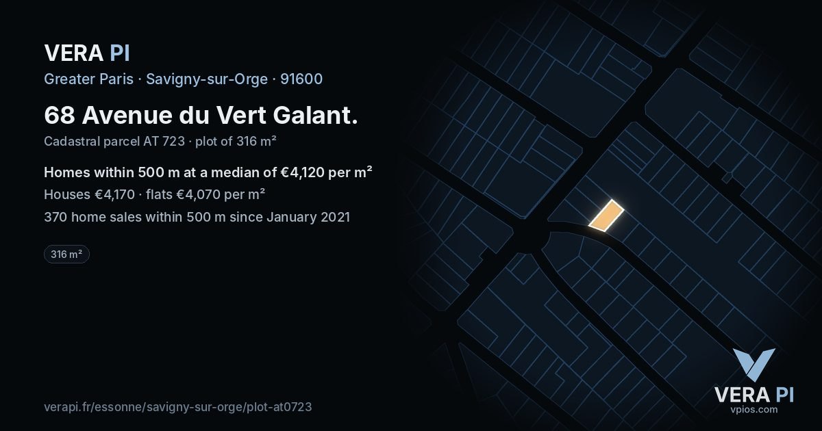 68 Avenue du Vert Galant, Savigny-sur-Orge at night – the plot lit, the parcels around coloured by the prices near them