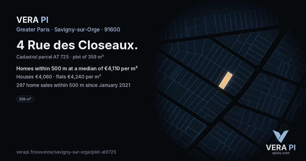 4 Rue des Closeaux, Savigny-sur-Orge at night – the plot lit, the parcels around coloured by the prices near them