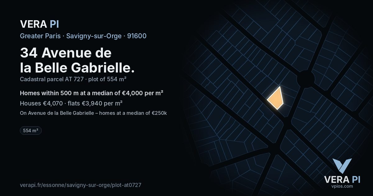 34 Avenue de la Belle Gabrielle, Savigny-sur-Orge at night – the plot lit, the parcels around coloured by the prices near them