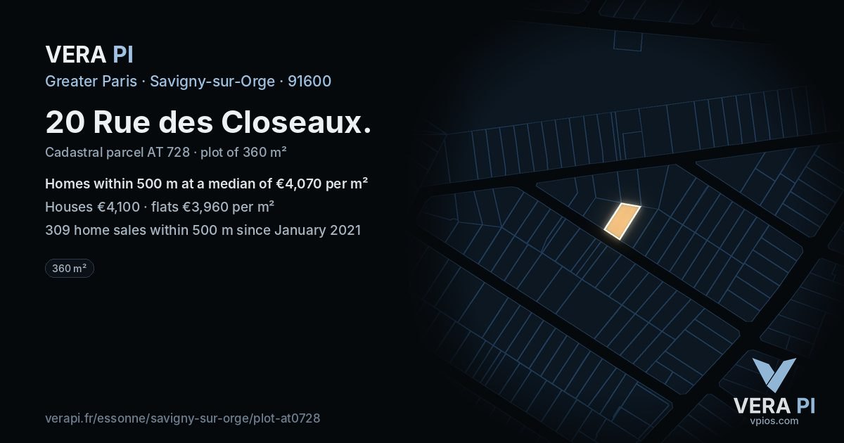 20 Rue des Closeaux, Savigny-sur-Orge at night – the plot lit, the parcels around coloured by the prices near them