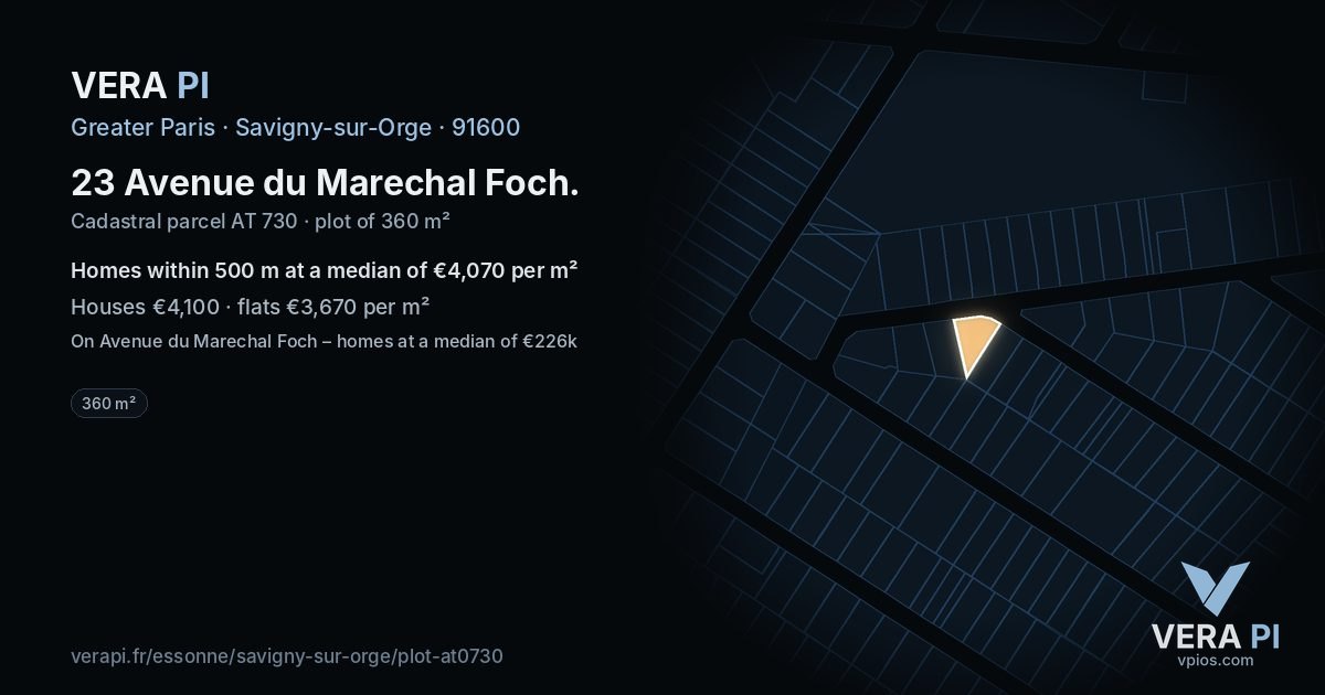 23 Avenue du Marechal Foch, Savigny-sur-Orge at night – the plot lit, the parcels around coloured by the prices near them