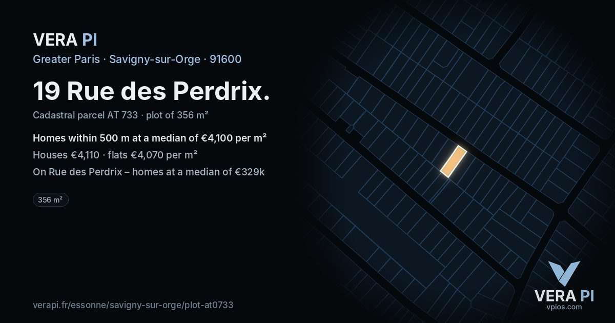 19 Rue des Perdrix, Savigny-sur-Orge at night – the plot lit, the parcels around coloured by the prices near them