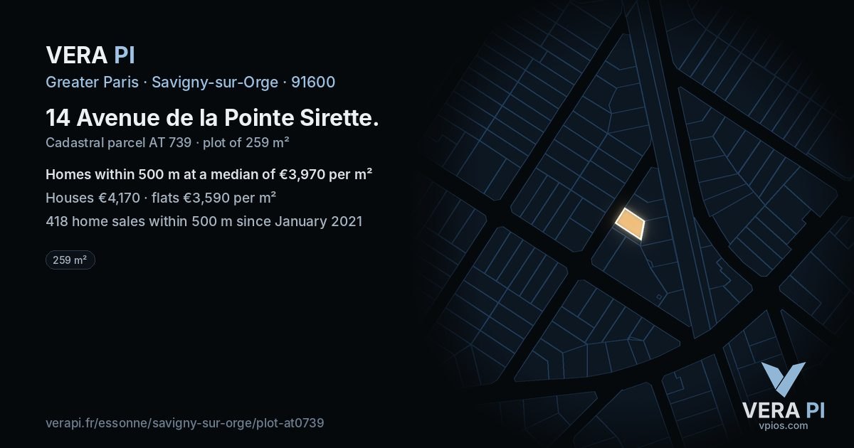 14 Avenue de la Pointe Sirette, Savigny-sur-Orge at night – the plot lit, the parcels around coloured by the prices near them