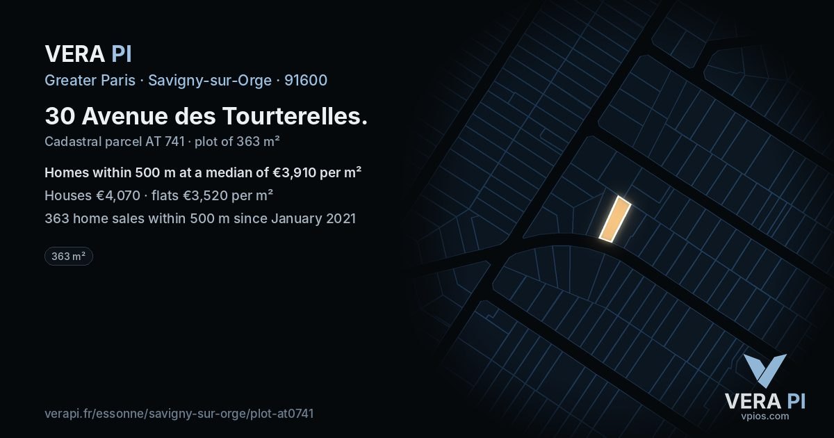 30 Avenue des Tourterelles, Savigny-sur-Orge at night – the plot lit, the parcels around coloured by the prices near them