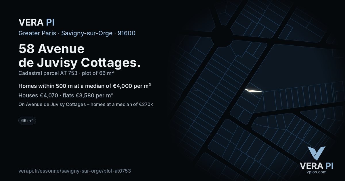 58 Avenue de Juvisy Cottages, Savigny-sur-Orge at night – the plot lit, the parcels around coloured by the prices near them
