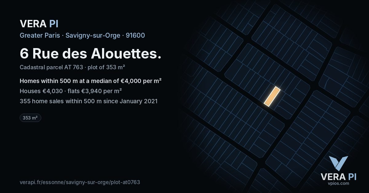 6 Rue des Alouettes, Savigny-sur-Orge at night – the plot lit, the parcels around coloured by the prices near them