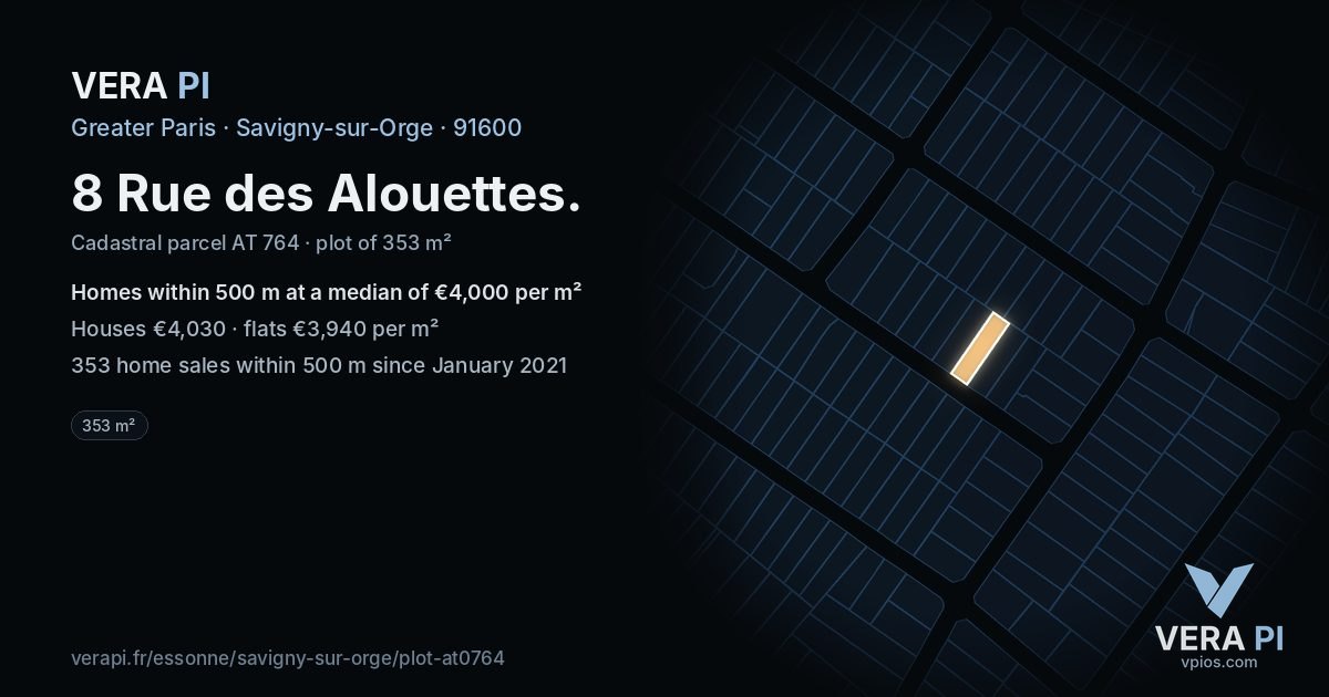 8 Rue des Alouettes, Savigny-sur-Orge at night – the plot lit, the parcels around coloured by the prices near them