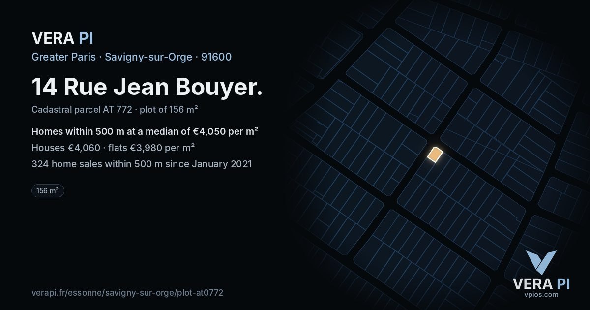 14 Rue Jean Bouyer, Savigny-sur-Orge at night – the plot lit, the parcels around coloured by the prices near them