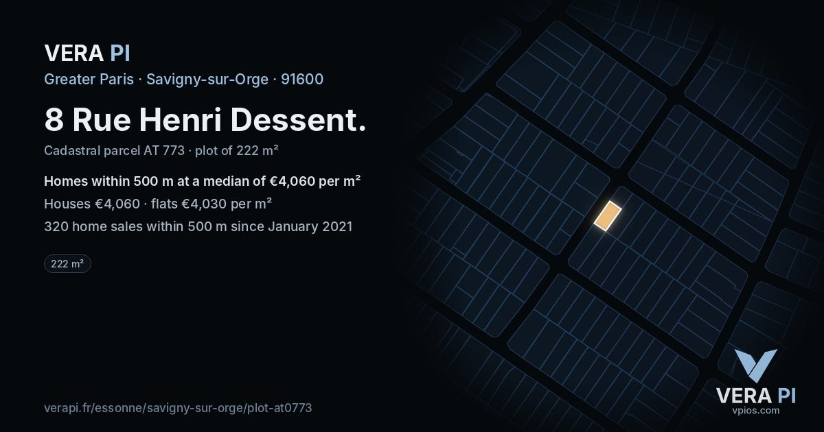 8 Rue Henri Dessent, Savigny-sur-Orge at night – the plot lit, the parcels around coloured by the prices near them