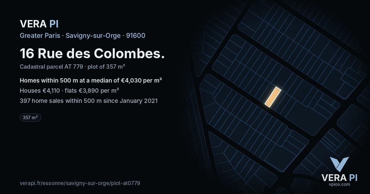 16 Rue des Colombes, Savigny-sur-Orge at night – the plot lit, the parcels around coloured by the prices near them