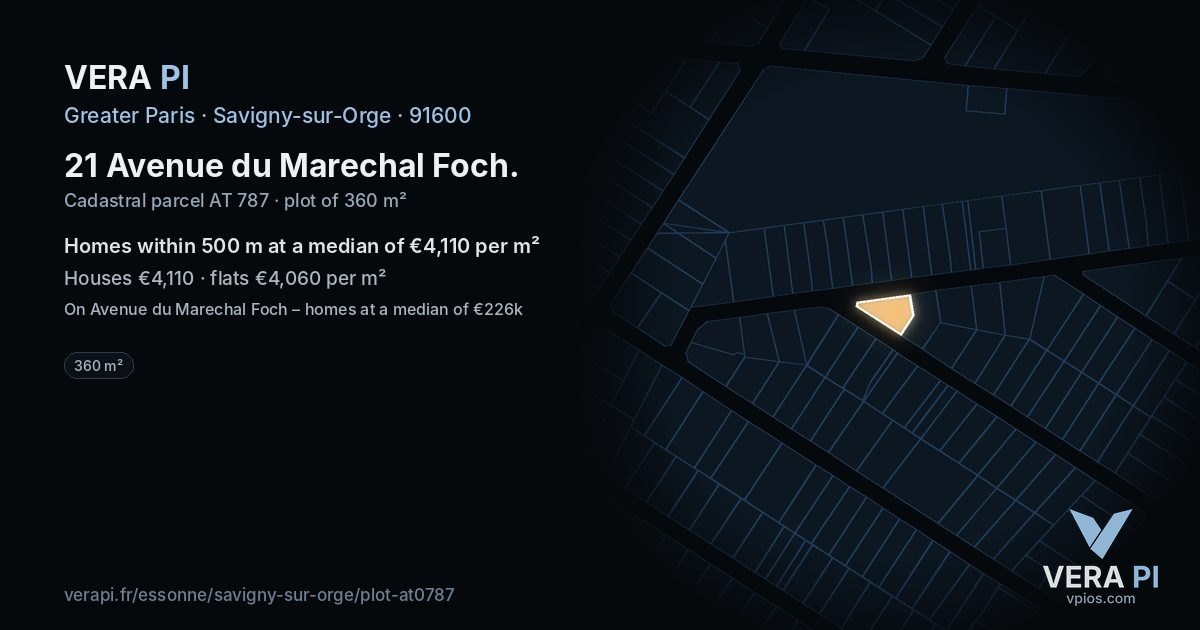21 Avenue du Marechal Foch, Savigny-sur-Orge at night – the plot lit, the parcels around coloured by the prices near them