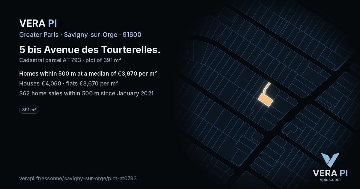 5 bis Avenue des Tourterelles, Savigny-sur-Orge at night – the plot lit, the parcels around coloured by the prices near them