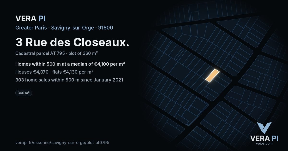 3 Rue des Closeaux, Savigny-sur-Orge at night – the plot lit, the parcels around coloured by the prices near them