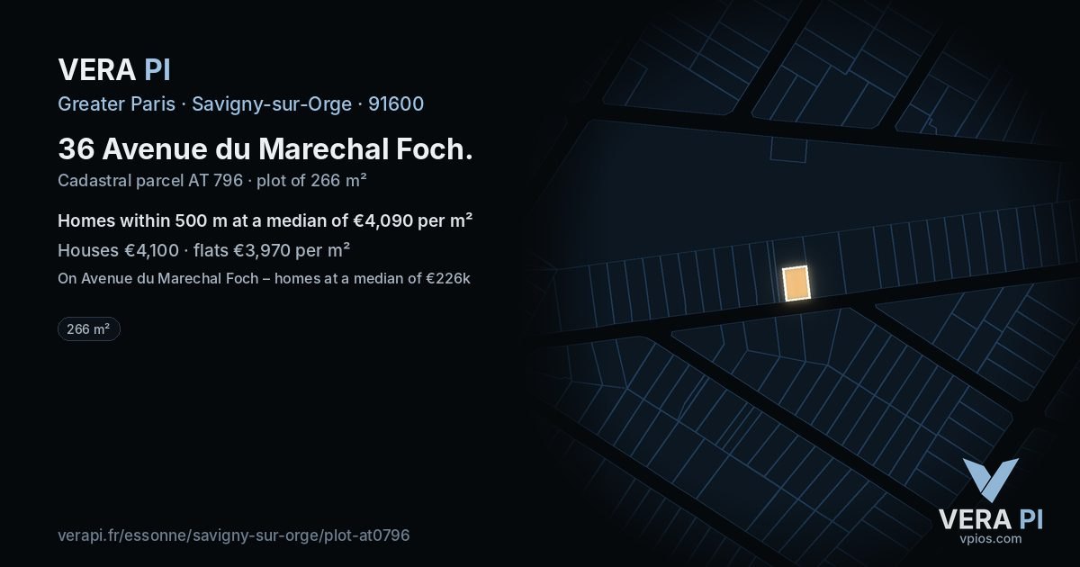 36 Avenue du Marechal Foch, Savigny-sur-Orge at night – the plot lit, the parcels around coloured by the prices near them