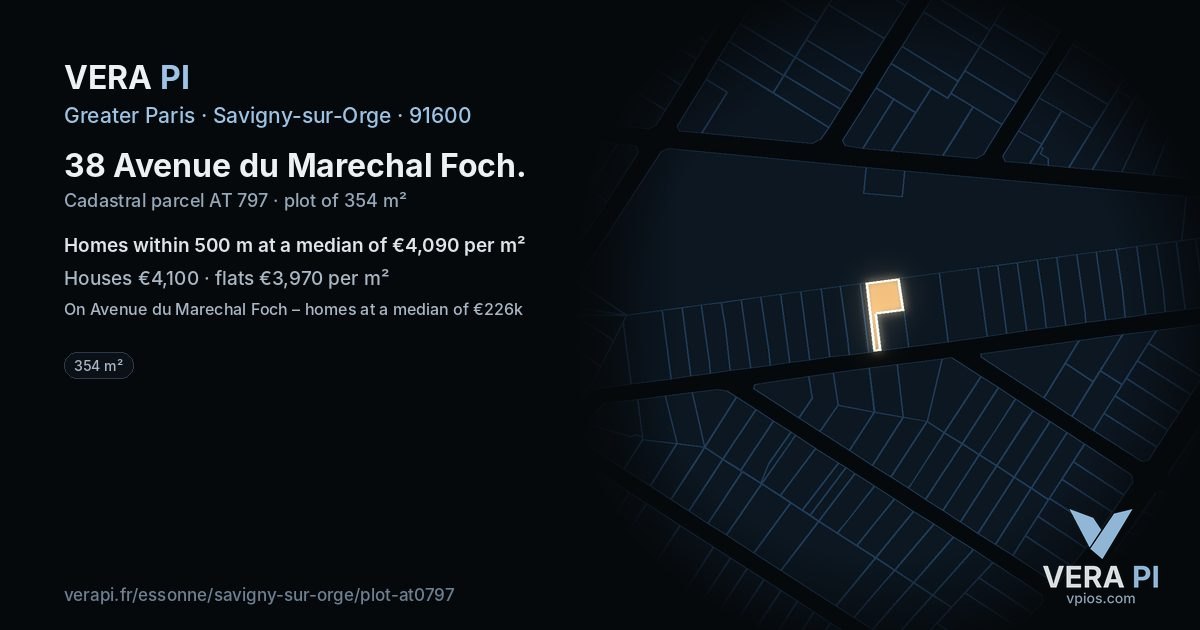38 Avenue du Marechal Foch, Savigny-sur-Orge at night – the plot lit, the parcels around coloured by the prices near them