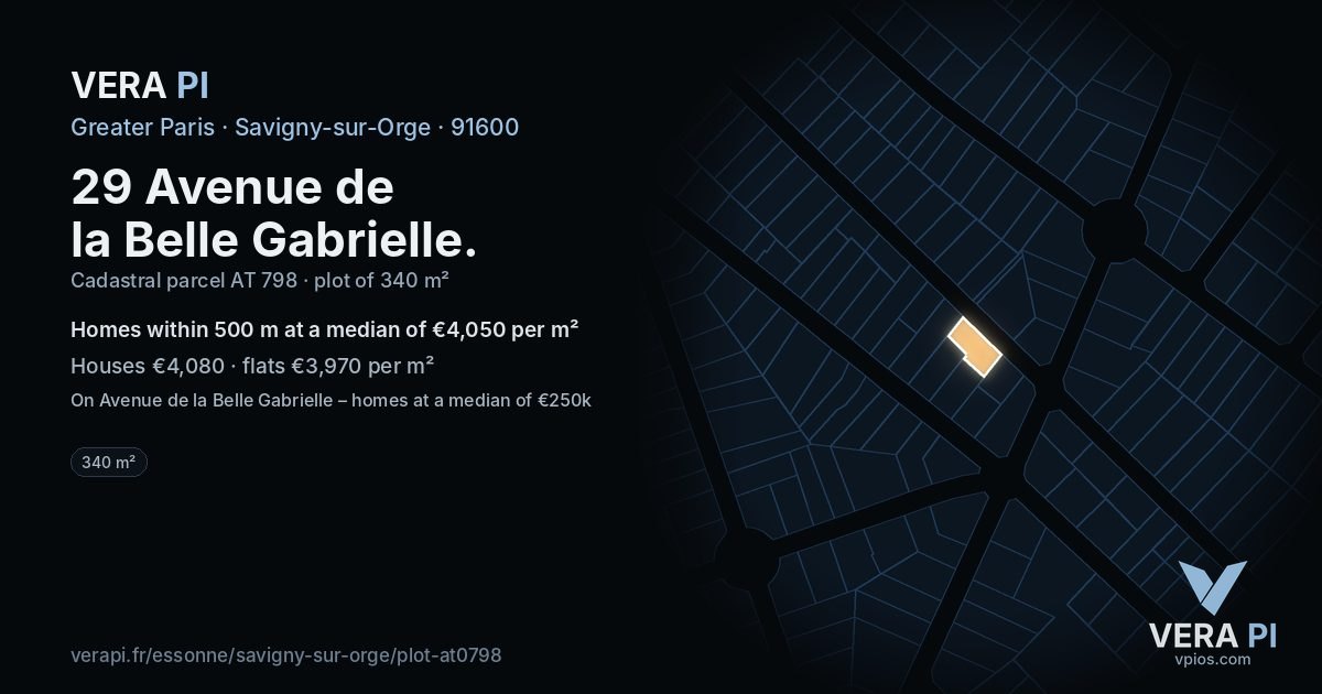29 Avenue de la Belle Gabrielle, Savigny-sur-Orge at night – the plot lit, the parcels around coloured by the prices near them