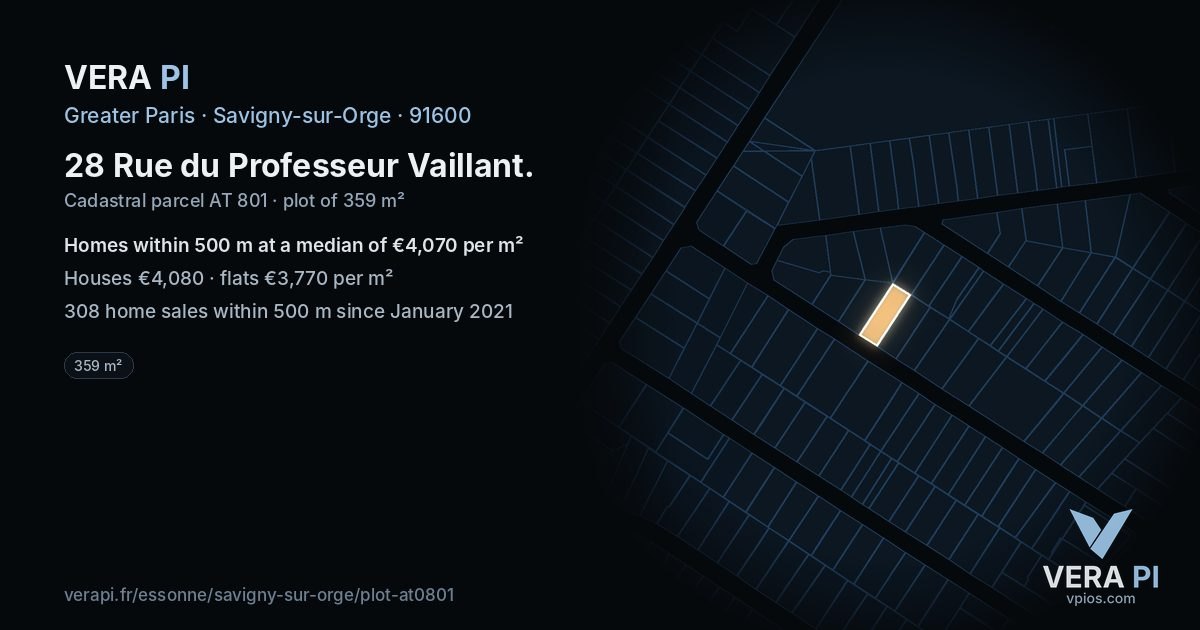 28 Rue du Professeur Vaillant, Savigny-sur-Orge at night – the plot lit, the parcels around coloured by the prices near them