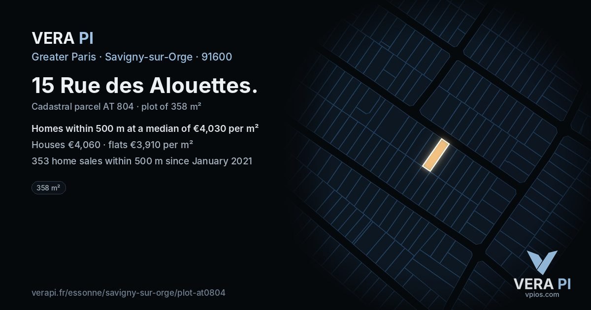 15 Rue des Alouettes, Savigny-sur-Orge at night – the plot lit, the parcels around coloured by the prices near them