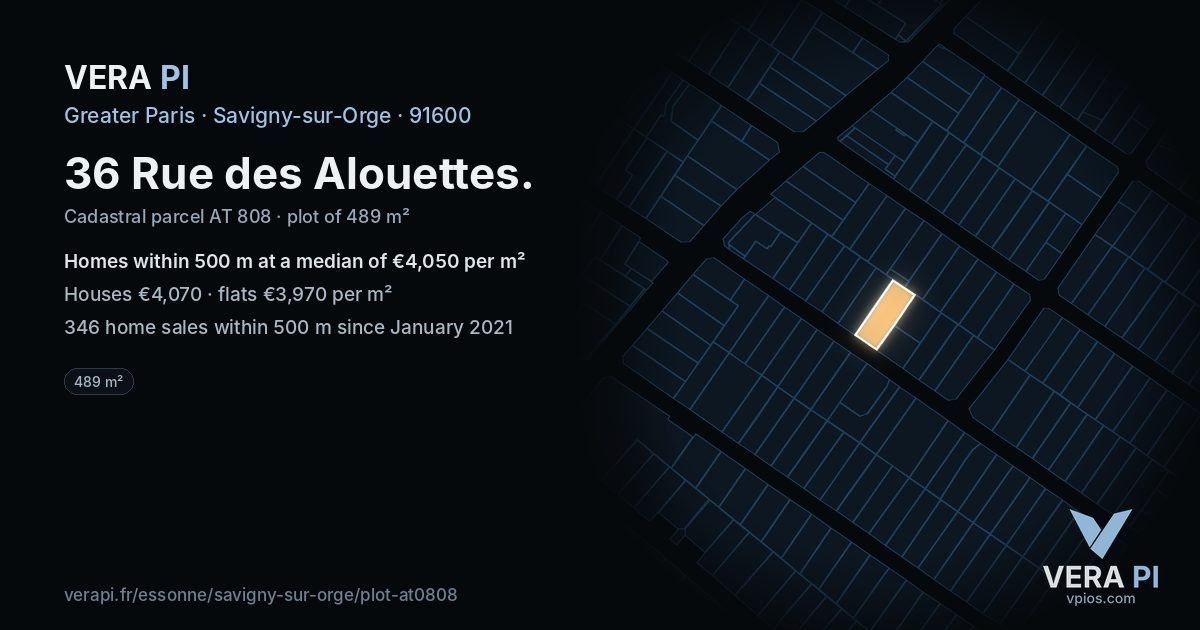 36 Rue des Alouettes, Savigny-sur-Orge at night – the plot lit, the parcels around coloured by the prices near them