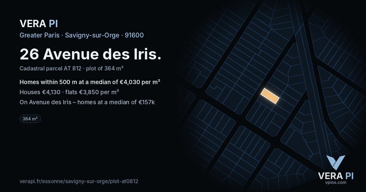 26 Avenue des Iris, Savigny-sur-Orge at night – the plot lit, the parcels around coloured by the prices near them