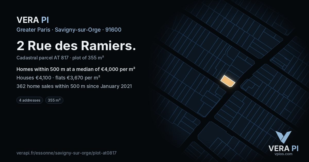 2 Rue des Ramiers, Savigny-sur-Orge at night – the plot lit, the parcels around coloured by the prices near them