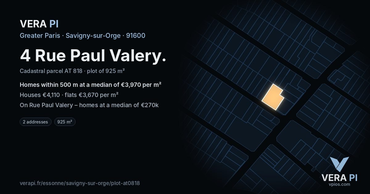 4 Rue Paul Valery, Savigny-sur-Orge at night – the plot lit, the parcels around coloured by the prices near them