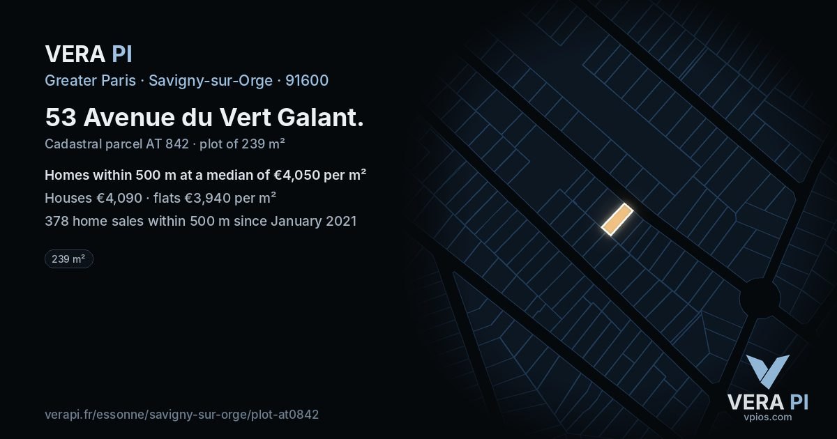 53 Avenue du Vert Galant, Savigny-sur-Orge at night – the plot lit, the parcels around coloured by the prices near them