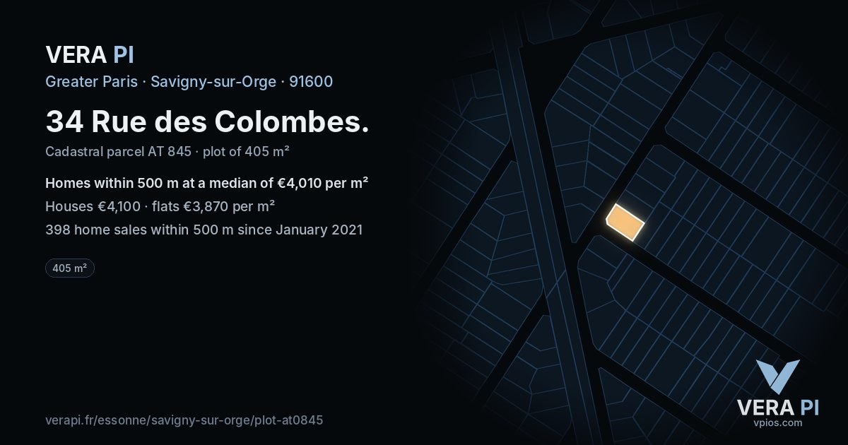 34 Rue des Colombes, Savigny-sur-Orge at night – the plot lit, the parcels around coloured by the prices near them