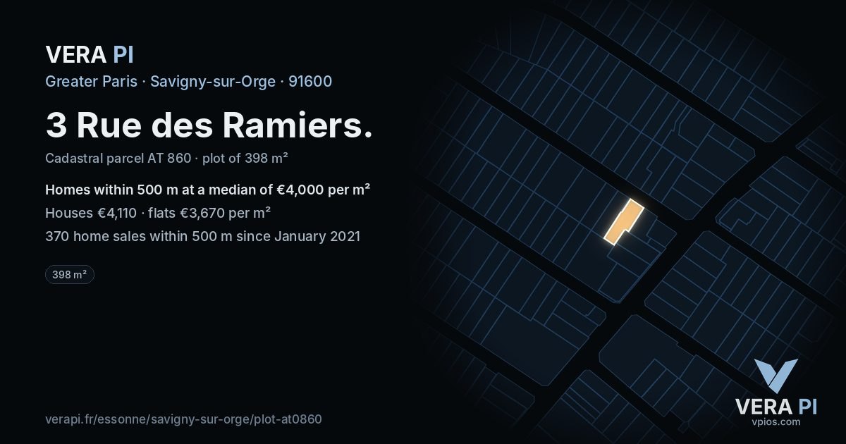 3 Rue des Ramiers, Savigny-sur-Orge at night – the plot lit, the parcels around coloured by the prices near them