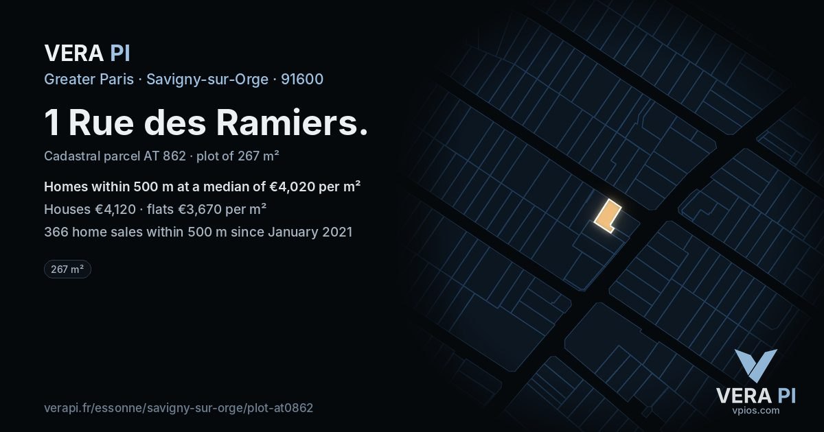 1 Rue des Ramiers, Savigny-sur-Orge at night – the plot lit, the parcels around coloured by the prices near them