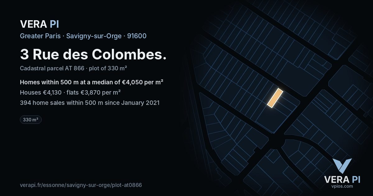 3 Rue des Colombes, Savigny-sur-Orge at night – the plot lit, the parcels around coloured by the prices near them