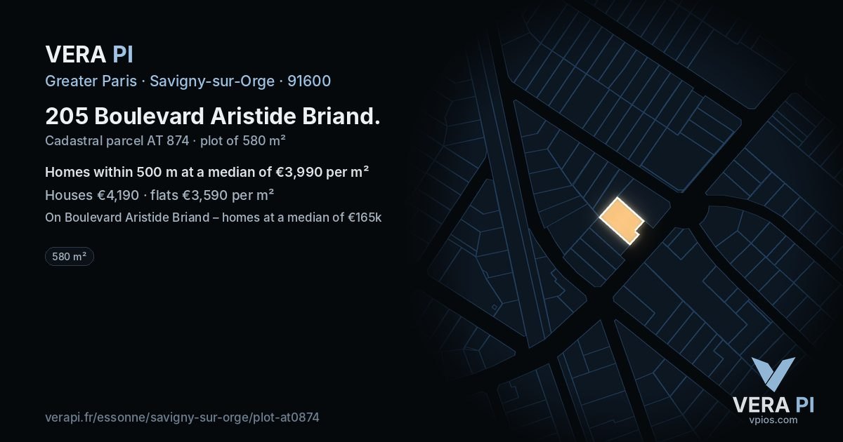 205 Boulevard Aristide Briand, Savigny-sur-Orge at night – the plot lit, the parcels around coloured by the prices near them
