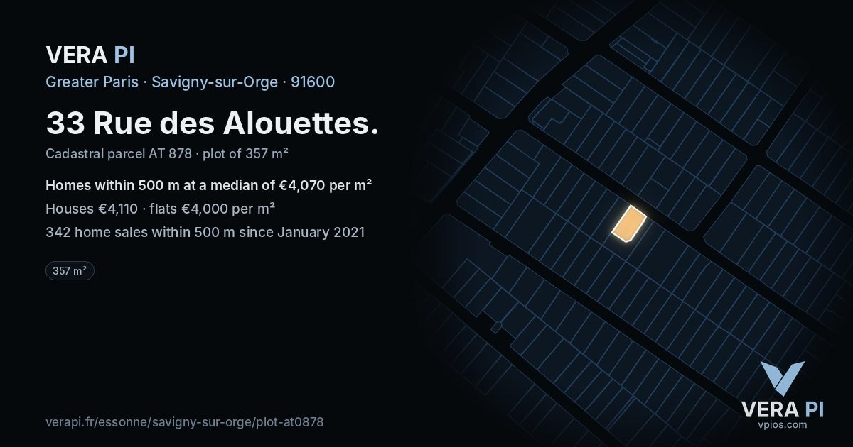 33 Rue des Alouettes, Savigny-sur-Orge at night – the plot lit, the parcels around coloured by the prices near them