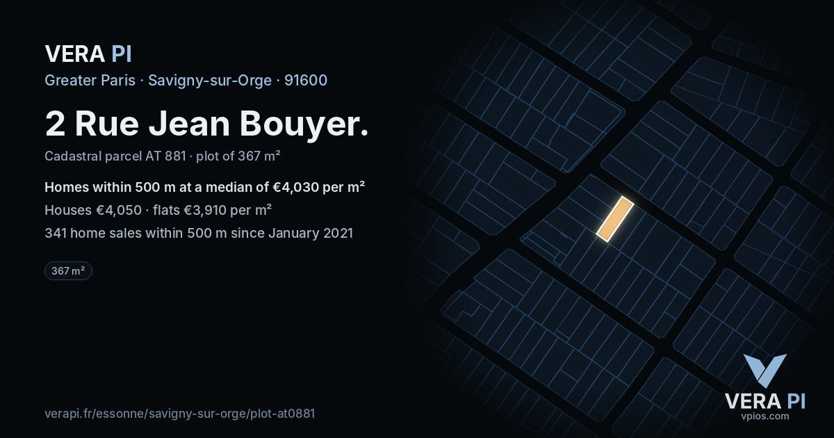 2 Rue Jean Bouyer, Savigny-sur-Orge at night – the plot lit, the parcels around coloured by the prices near them