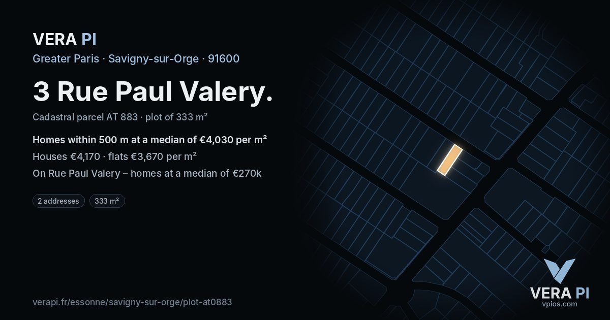3 Rue Paul Valery, Savigny-sur-Orge at night – the plot lit, the parcels around coloured by the prices near them