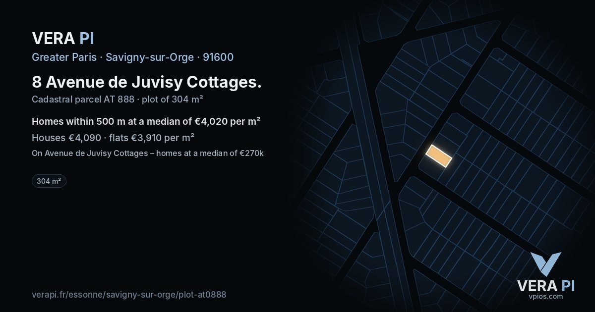 8 Avenue de Juvisy Cottages, Savigny-sur-Orge at night – the plot lit, the parcels around coloured by the prices near them