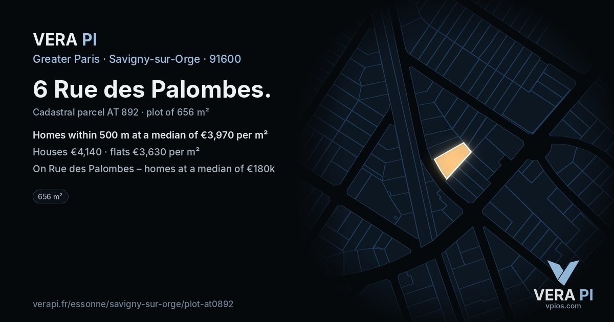 6 Rue des Palombes, Savigny-sur-Orge at night – the plot lit, the parcels around coloured by the prices near them