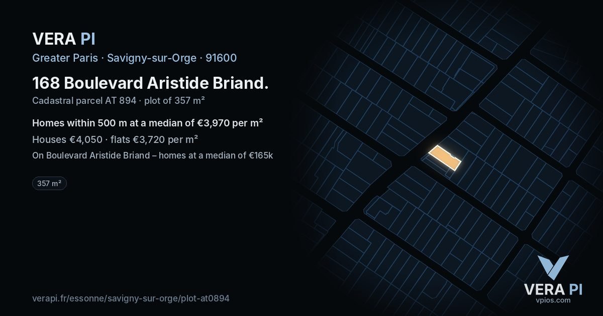 168 Boulevard Aristide Briand, Savigny-sur-Orge at night – the plot lit, the parcels around coloured by the prices near them