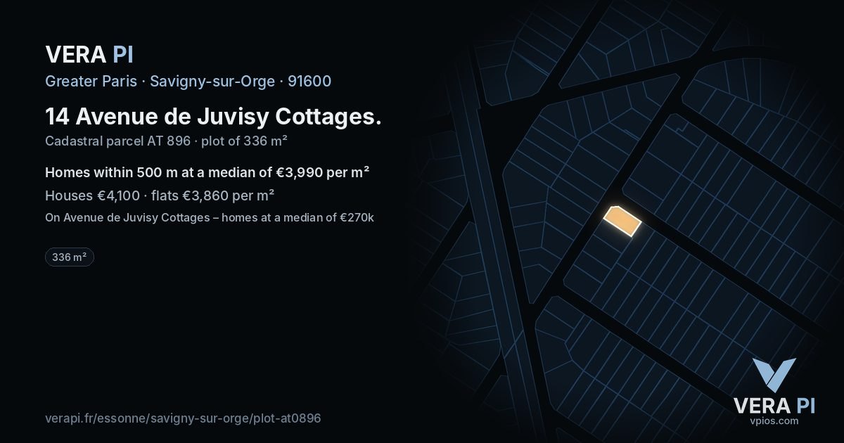 14 Avenue de Juvisy Cottages, Savigny-sur-Orge at night – the plot lit, the parcels around coloured by the prices near them