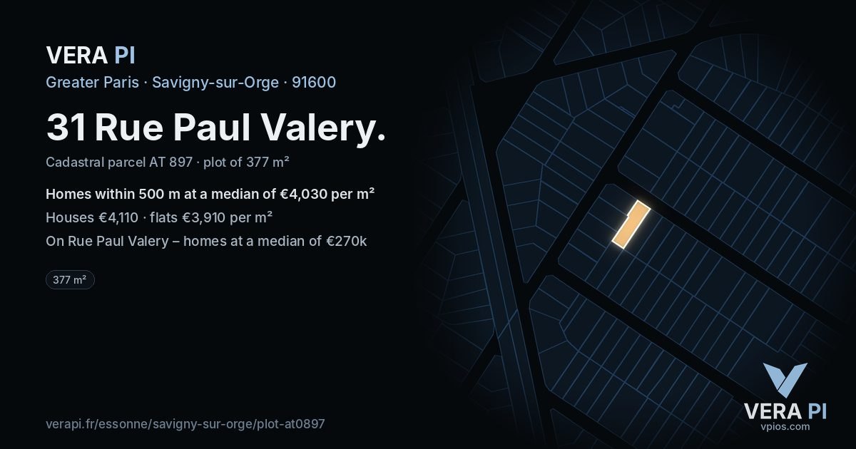 31 Rue Paul Valery, Savigny-sur-Orge at night – the plot lit, the parcels around coloured by the prices near them